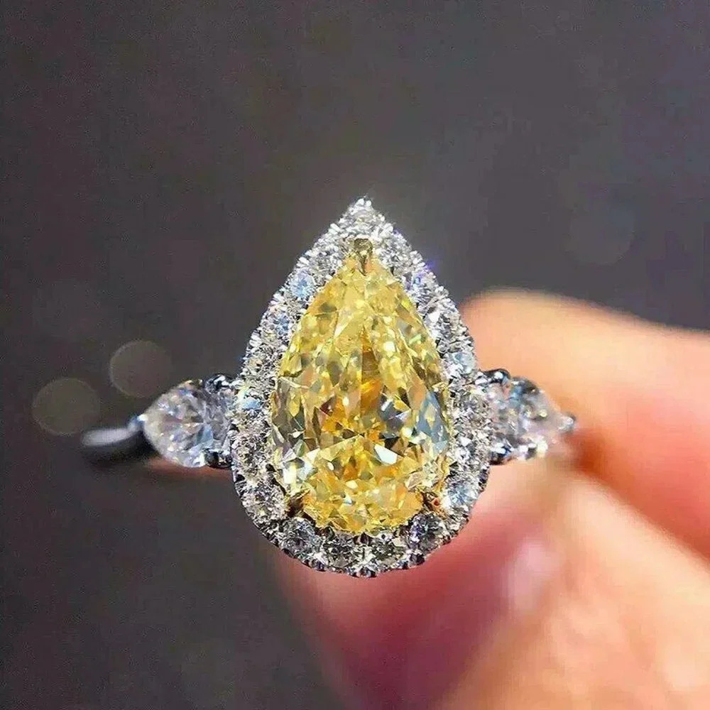 NEW 925 Sterling Silver Pear Cut Diamond Citrine Ring Yellow Teardrop Ring
